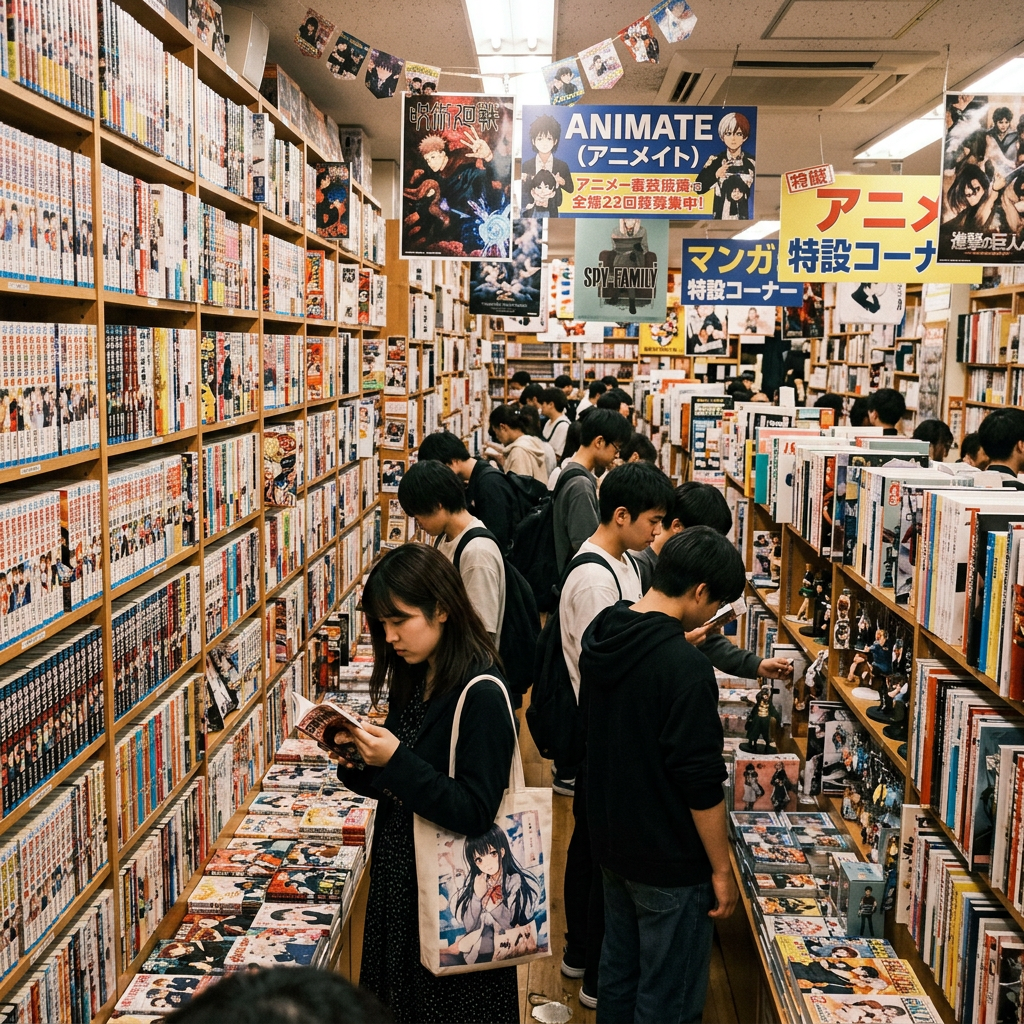 People reading manga and looking at anime merchandise in a crowded bookstore aisle