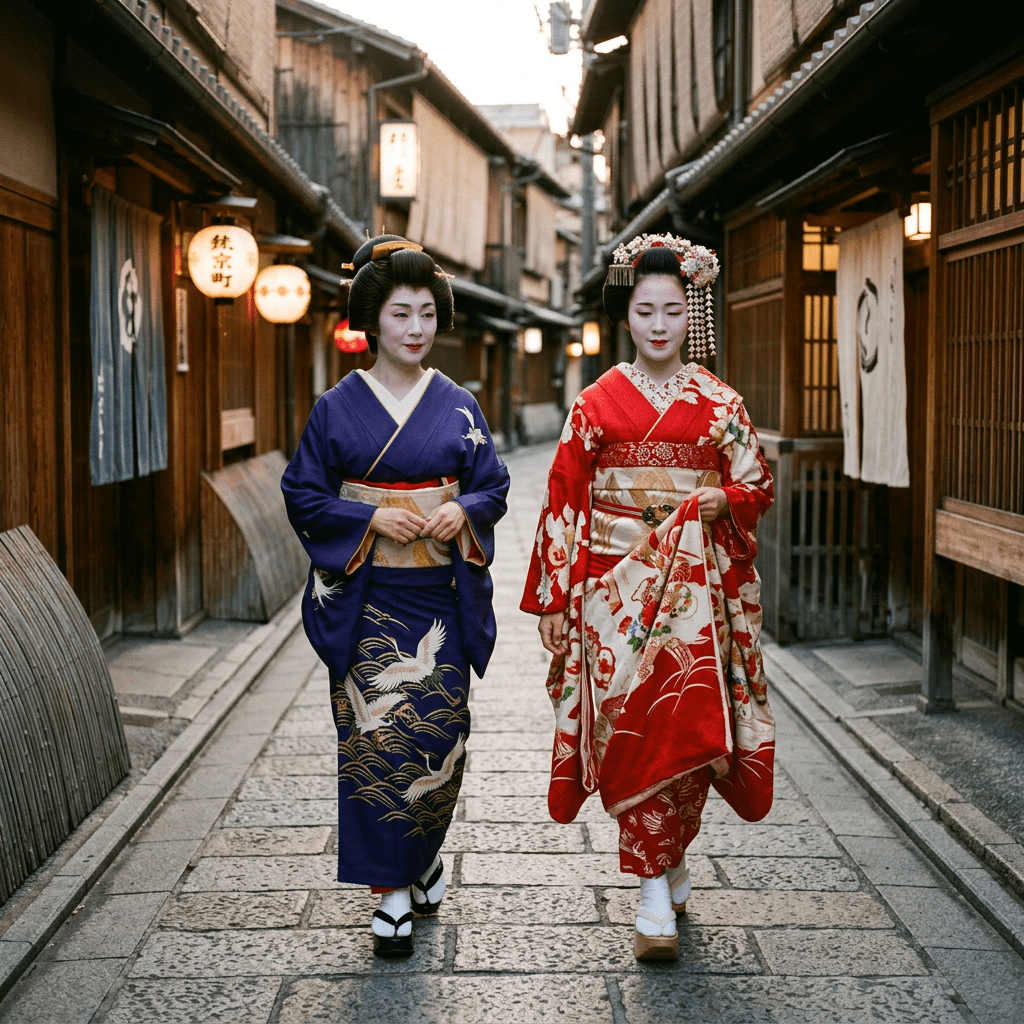 Two geishas wearing traditional kimonos walking on a stone-paved street in Kyoto