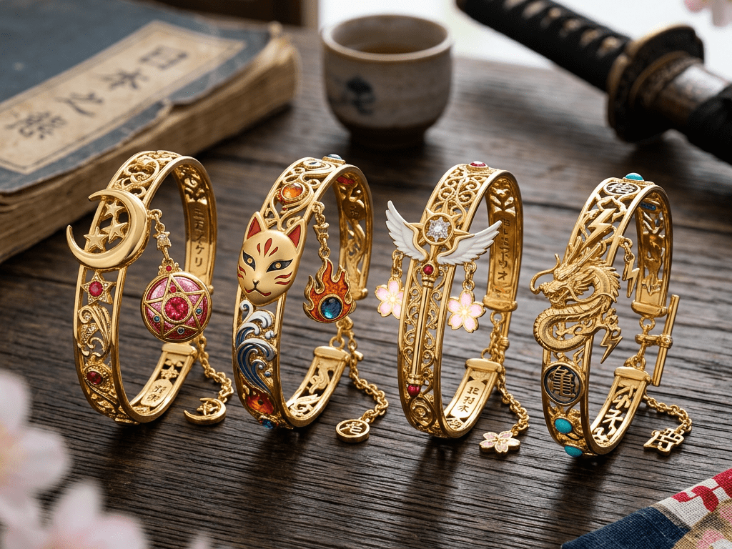 including a crescent moon, fox mask, wings with flowers, and a dragon on a wooden table