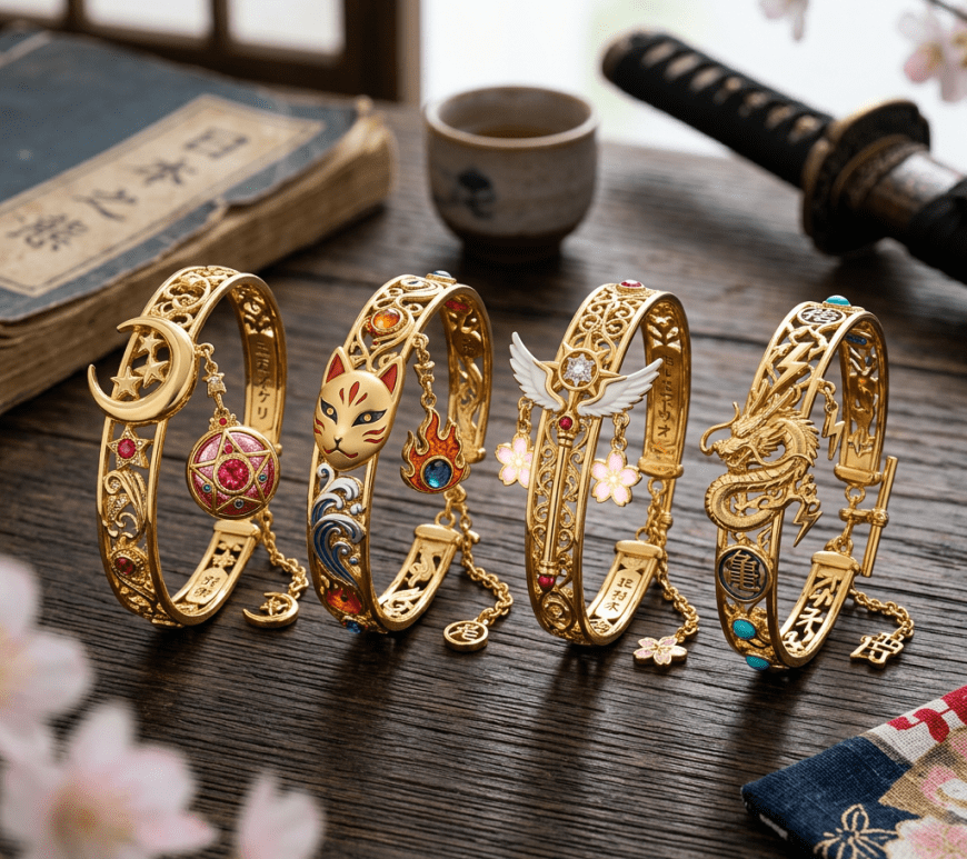 including a crescent moon, fox mask, wings with flowers, and a dragon on a wooden table