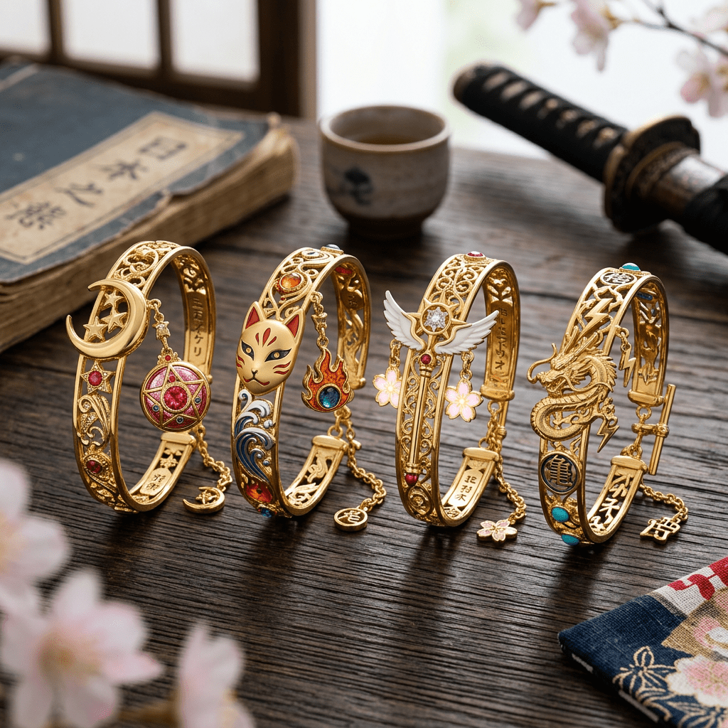 Four gold bracelets with designs including a crescent moon, fox mask, wings with flowers, and a dragon on a wooden table