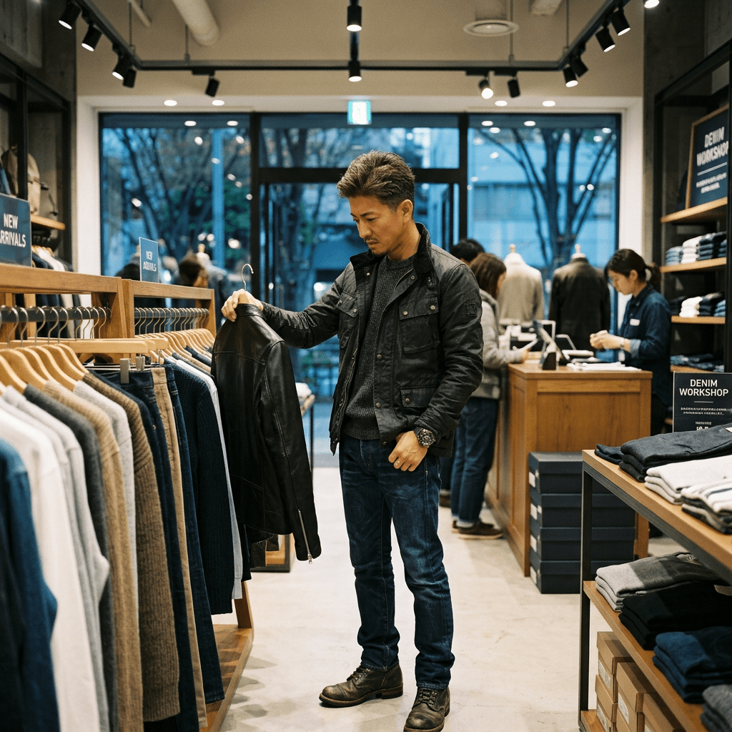 Man holding a black leather jacket in a clothing store